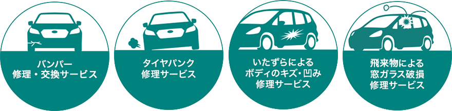 パンパ―修理サービス タイヤパンク修理サービス いたずらによるボディのキズ・凹み修理サービス 飛び石による窓ガラス破損修理サービス