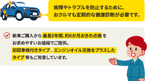 故障やトラブルを防止するために、おクルマも定期的な健康診断が必要です新車ご購入から 最長5年間、約6か月おきの点検 をお求めやすいお値段でご提供。初回車検付きタイプ 、 エンジンオイル交換をプラスしたタイプ 等もご用意しています。