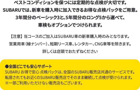 ベストコンディションを保つには定期的な点検が大切です。SUBARUでは、新車を購入時に加入できるお得な点検パックをご用意。3年間分のベーシック3と、5年間分のロング5から選べて、車検もオプションでつけられます。