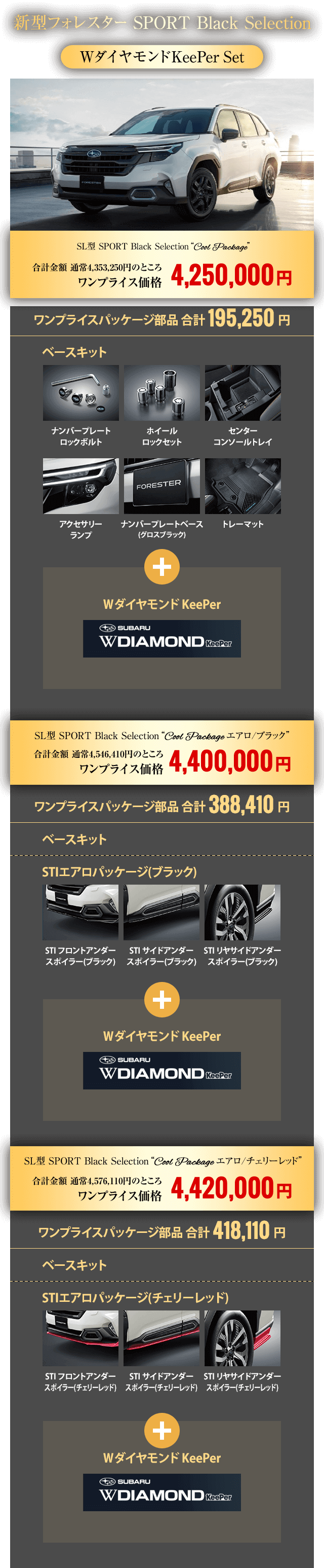 新型フォレスター SPORT Black Selection WダイヤモンドKeePer Set・SL型 SPORT Black Selection“Cool Package”合計金額 通常4,353,250円のところ ワンプライス価格4,250,000円・SL型 SPORT Black Selection“Cool Package エアロ/ブラック”合計金額 通常4,546,410円のところ ワンプライス価格4,400,000円・SL型 SPORT Black Selection“Cool Package エアロ/チェリーレッド”合計金額 通常4,576,110円のところ ワンプライス価格4,420,000円