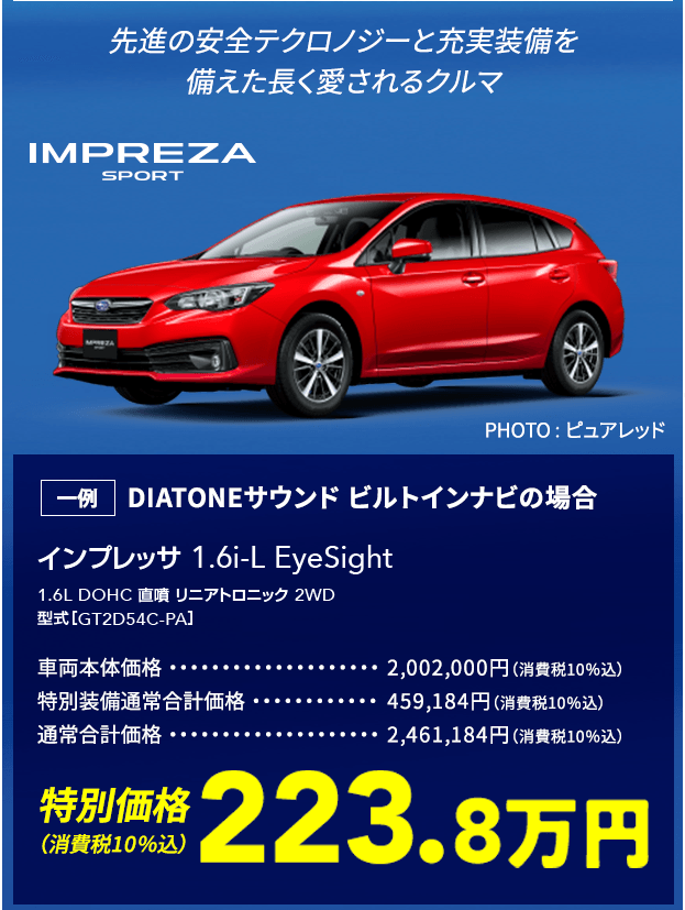 先進の安全テクロノジーと充実装備を備えた長く愛されるクルマ IMPREZA SPORT インプレッサ1.6i-L EyeSight 1.6L DOHC 直噴リニアトロニック2WD 型式[GT2D54C-PA] PHOTO : ピュアレッド 一例 DIATONEサウンド ビルトインナビの場合 車両本体価格2,002,000円（消費税10％込） 特別装備通常合計価格459,184円（消費税10％込） 通常合計価格2,461,184円（消費税10％込） 特別価格（消費税10％込）223.8万円