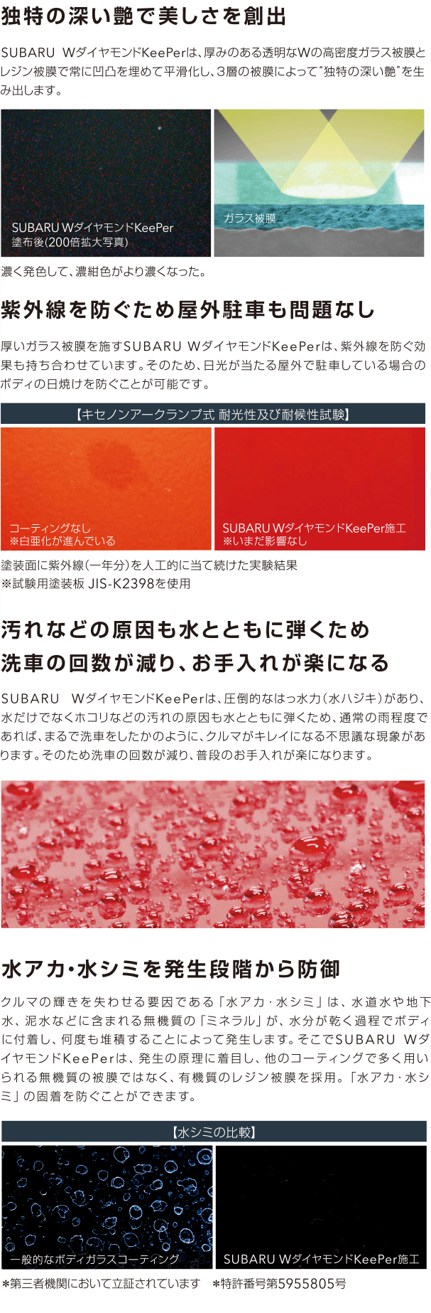 独特の深い艶で美しさを創出 紫外線を防ぐため屋外駐車も問題なし 汚れなどの原因も水とともに弾くため洗車の回数が減り、お手入れが楽になる 水アカ・水シミを発生段階から防御