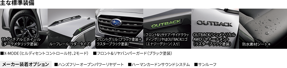 主な標準装備 18インチアルミホイール（ダークメタリック塗装） ルーフレール（ラダータイプ） フロントグリル（ブラック塗装＋ラスターブラック塗装） フロント&リヤドア・サイドクラッディング［リヤはOUTBACKロゴ（エナジーグリーン）入り］ OUTBACK/シンメトリカルAWDリヤオーナメント（ラスターブラック塗装） 防水素材シート＊ ■X-MODE（ヒルディセントコントロール付、2モード） ■フロント&リヤバンパーガード（ブラック塗装）メーカー装着オプション ■ハンズフリーオープンパワーリヤゲート ■ハーマンカードンサウンドシステム ■サンルーフ