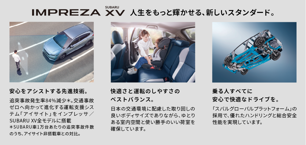 IMPREZA SUBARU XV 人生をもっと輝かせる、新しいスタンダード。安心をアシストする先進技術。快適さと運転のしやすさのベストバランス。乗る人すべてに安心で快適なドライブを。