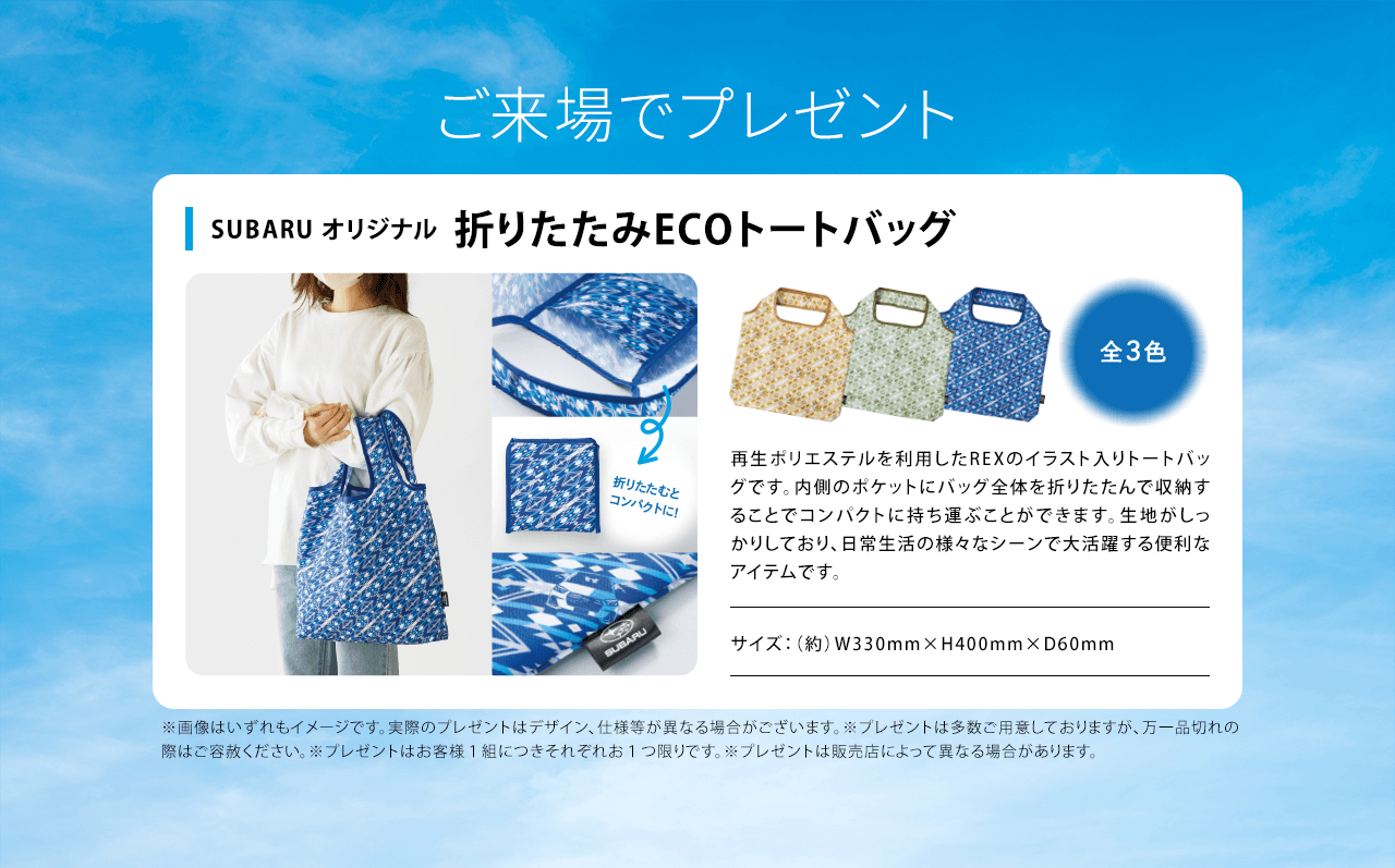 ご来場のお客様にプレゼント！SUBARU オリジナル  折りたたみECOトートバッグ 再生ポリエステルを利用したREXのイラスト入りトートバッグです。内側のポケットにバッグ全体を折りたたんで収納することでコンパクトに持ち運ぶことができます。生地がしっかりしており、日常生活の様々なシーンで大活躍する便利なアイテムです。 ※画像はいずれもイメージです。実際のプレゼントはデザイン、仕様等が異なる場合がございます。※プレゼントは多数ご用意しておりますが、万一品切れの際はご容赦ください。※プレゼントはお客様１組につきそれぞれお１つ限りです。※プレゼントは販売店によって異なる場合があります。