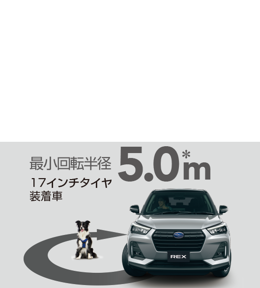 SAFETY街乗りも快適な取り回しのよさ。存在感のあるSUVスタイルでありながらコンパクトボディが自慢です。17インチホイール装着車でも、最小回転半径5.0m*を実現しています。＊16インチタイヤ装着車は4.9m