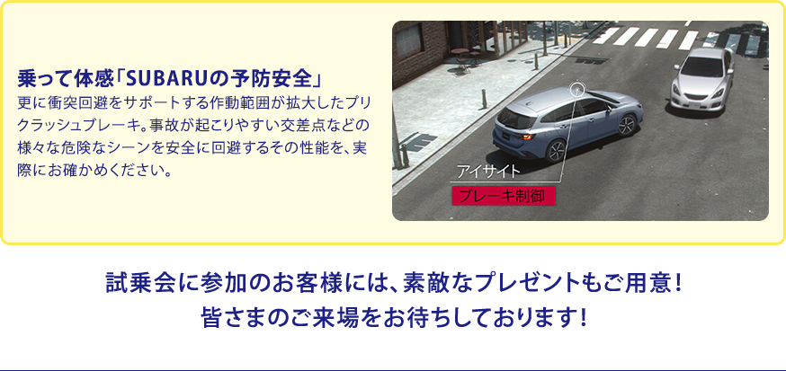 乗って体感「SUBARUの予防安全」更に衝突回避をサポートする作動範囲が拡大したプリクラッシュブレーキ。事故が起こりやすい交差点などの様々な危険なシーンを安全に回避するその性能を、実際にお確かめください。試乗会に参加のお客様には、素敵なプレゼントもご用意！皆さまのご来場をお待ちしております！