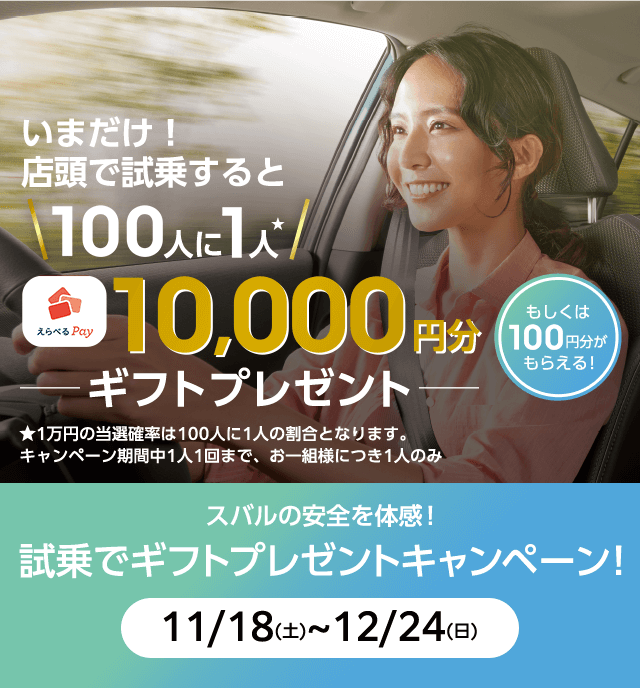 いまだけ！店頭で試乗すると100人に1人選べるペイ10,000円分ギフトプレゼント