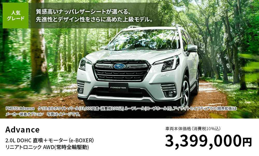 Advance2.0L DOHC 直噴＋モーター（e-BOXER） リニアトロニック AWD(常時全輪駆動)車両本体価格（消費税10%込）3,399,000円