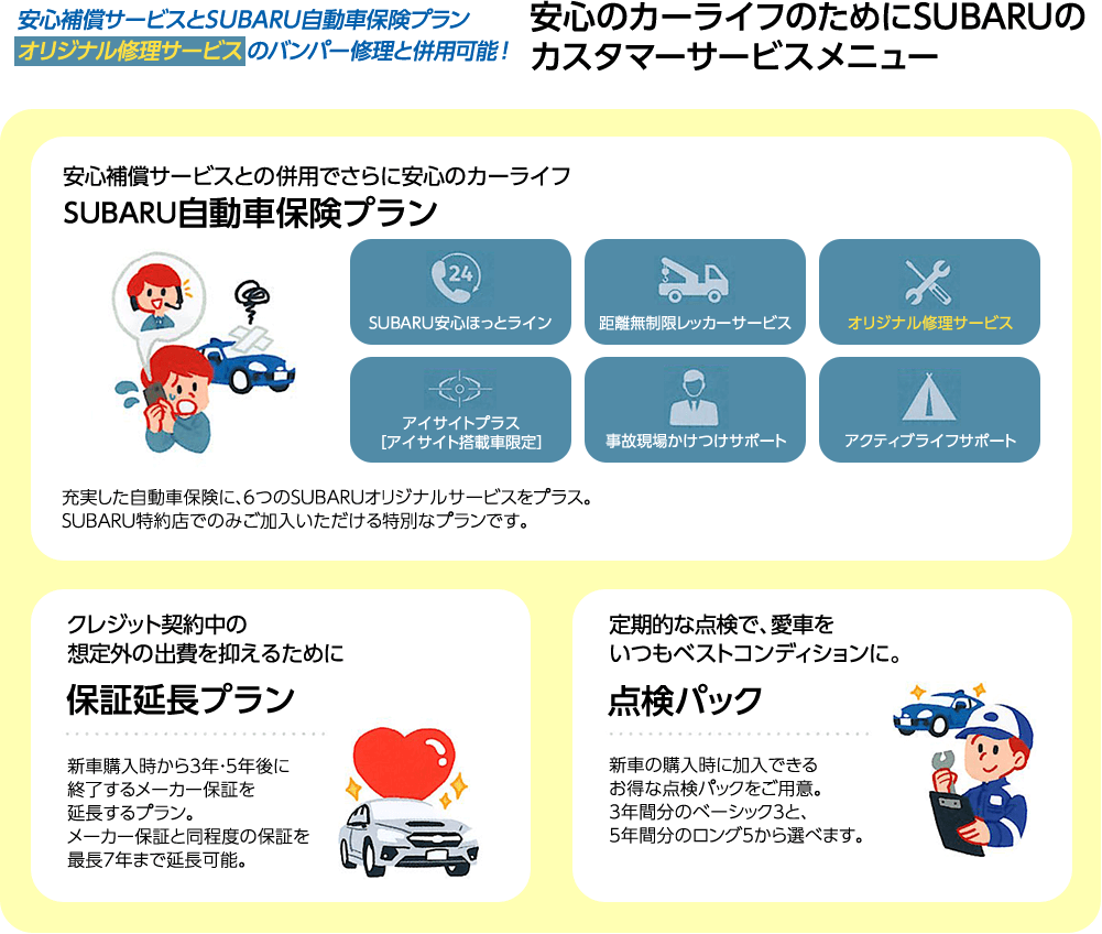 安心補償サービスとSUBARU 自動車保険プラン安心のカーライフのためにSUBARUのオリジナル修理サービスのバンパー修理と併用可能! カスタマーサービスメニュー安心補償サービスとの併用でさらに安心のカーライフ