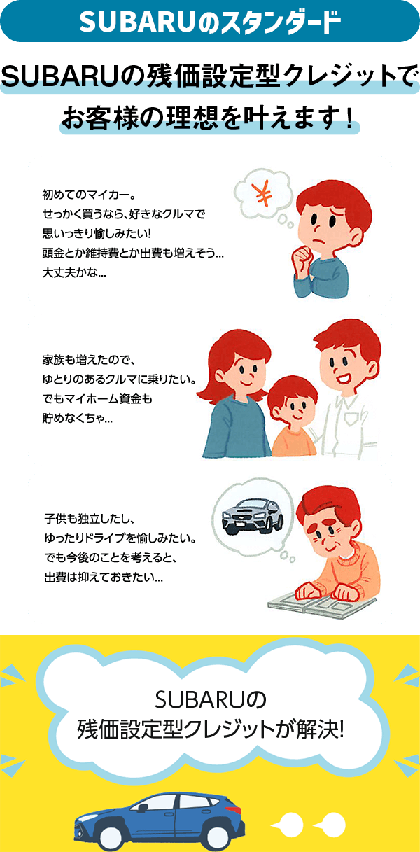 SUBARUのスタンダードSUBARUの残価設定型クレジットでお客様の理想を叶えます!