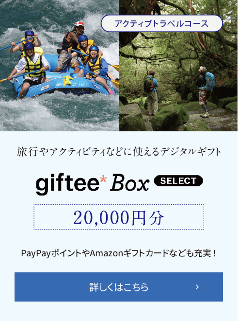 【アクティブトラベルコース】旅行やアクティビティなどに使えるデジタルギフト giftee Box SELECT 20,000円分 PayPayポイントやAmazonギフトカードなども充実! 詳しくはこちら
