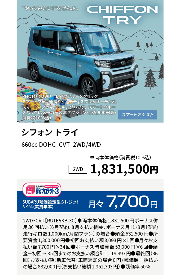 シフォン トライ 660cc DOHC  CVT  2WD/4WD 車両本体価格（消費税10%込）1,831,500円 SUBARU残価設定型クレジット 3.9%（実質年率）月々7,700円 2WD・CVT［RU1E5KB-XC］車両本体価格1,831,500円ボーナス併用36回払い（6月契約、8月支払い開始、ボーナス月［1・8月］契約走行キロ数1,000km/月間プラン）の場合●頭金531,500円●所要資金1,300,000円●初回お支払い額8,093円×1回●月々お支払い額7,700円×34回●ボーナス時加算額53,000円×6回●頭金＋初回～35回までのお支払い額合計1,119,393円●最終回（36回）お支払い額：新車代替・車両返却の場合0円/残価額一括払いの場合832,000円（お支払い総額1,951,393円）●残価率50%
