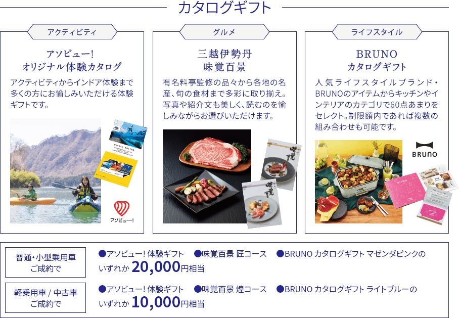 カタログギフト アソビュー! オリジナル体験カタログ / 三越伊勢丹 味覚百景 / BRUNOカタログギフト 普通・小型乗用車ご成約でいずれか20,000円相当 軽乗用車 / 中古車ご成約でいずれか10,000円相当