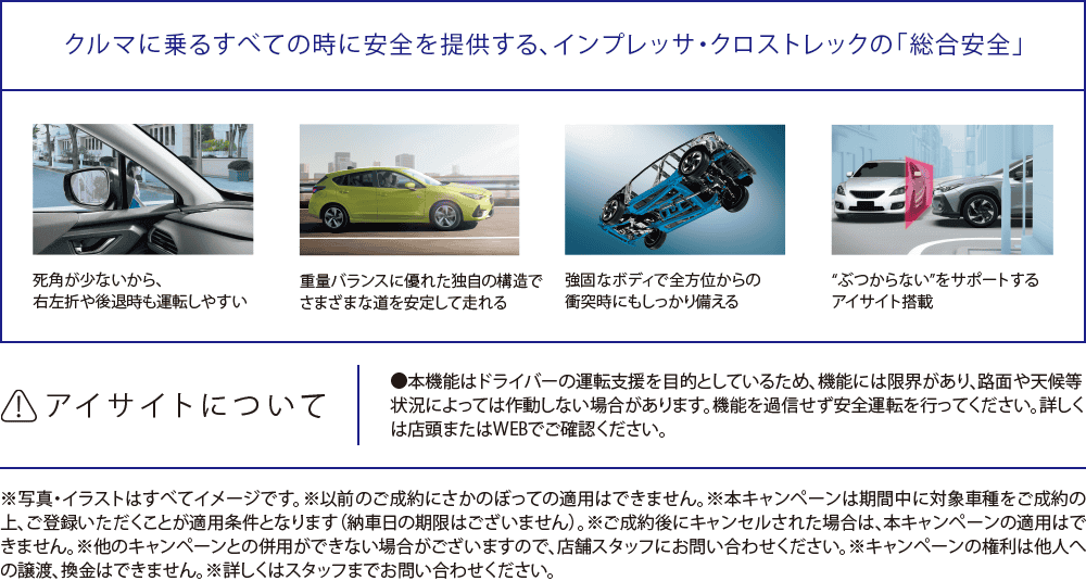 車に乗るすべての時に安心を提供する、インプレッサ・クロストレックの「総合安全」アイサイトについて ●●本機能はドライバーの運転支援を目的としているため、機能には限界があり、路面や天候等状況によっては作動しない場合があります。機能を過信せず安全運転を行ってください。詳しくは店頭またはWEBでご確認ください。※写真・イラストはすべてイメージです。※以前のご成約にさかのぼっての適用はできません。※本キャンペーンは期間中に対象車種をご成約の上、ご登録いただくことが適用条件となります（納車日の期限はございません）。※ご成約後にキャンセルされた場合は、本キャンペーンの適用はできません。※他のキャンペーンとの併用ができない場合がございますので、店舗スタッフにお問い合わせください。※キャンペーンの権利は他人への譲渡、換金はできません。※詳しくはスタッフまでお問い合わせください。 