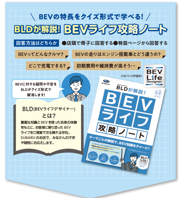 BEVの特長をクイズ形式で学べる！BLDが解説！BEVライフ攻略ノート 回答方法：店頭で冊子に回答するor特設ページから回答する BLD（BEVライフデザイナー）とは？：豊富な知識とBEVを使った自身の体験をもとに、お客様に寄り添ったBEVライフをご提案できる頼れる存在。SUBARUのお店で、みなさんの不安や疑問にお応えします。