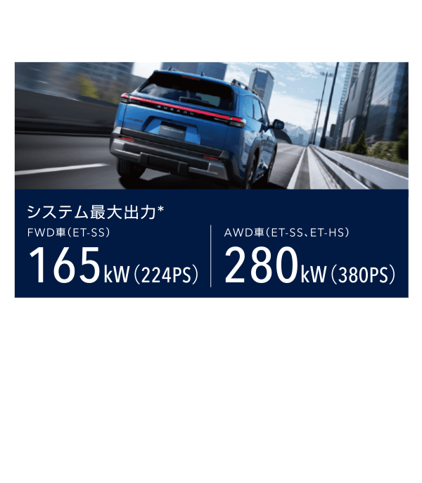 POINTS OF TRAILSEEKER モーターによる力強い走り 高回転・高出力と緻密な制御を可能にするコンパクトで高効率なパワーユニット「eAxle（イーアクスル）」。アクセルペダルを踏んだ瞬間に力強い加速を発揮する高いパフォーマンスを実現します。