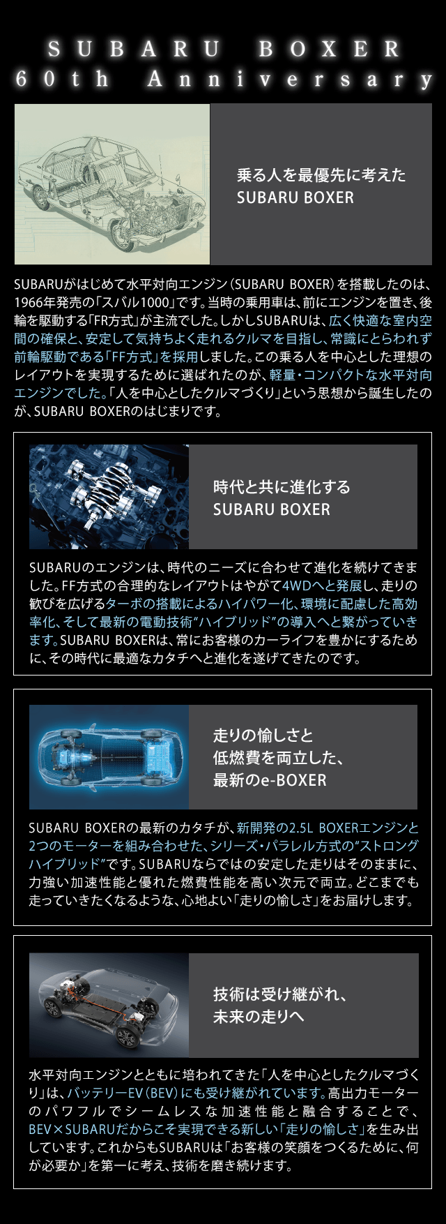 SUBARU BOXER 60th Anniversary SUBARUがはじめて水平対向エンジン（SUBARUBOXER）を搭載したのは、1966年発売の「スバル1000」です。当時の乗用車は、前にエンジンを置き、後輪を駆動する「FR方式」が主流でした。しかしSUBARUは、広く快適な室内空間の確保と、安定して気持ちよく走れるクルマを目指し、常識にとらわれず前輪駆動である「FF方式」を採用しました。この乗る人を中心とした理想のレイアウトを実現するために選ばれたのが、軽量・コンパクトな水平対向エンジンでした。「人を中心としたクルマづくり」という思想から誕生したのが、SUBARUBOXERのはじまりです。