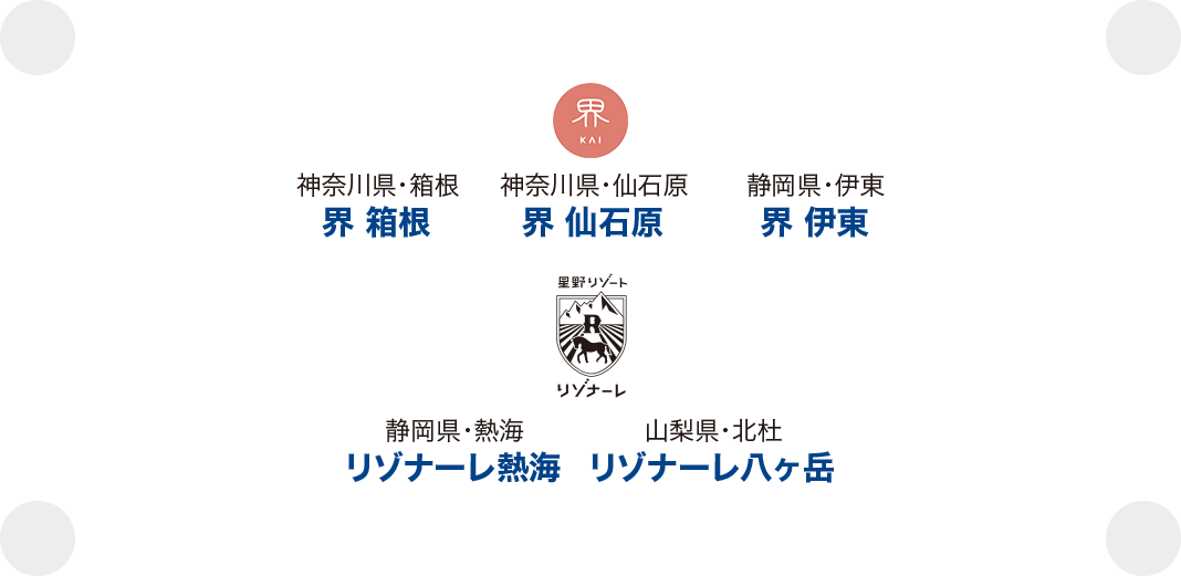 神奈川県・箱根 界 箱根 神奈川県・仙石原 界 仙石原 静岡県・伊東 界 伊東 静岡県・熱海 リゾナーレ熱海 山梨県・北杜 リゾナーレ八ヶ岳