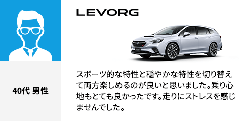 LEVORG 40代 男性 スポーツ的な特性と穏やかな特性を切り替えて両方楽しめるのが良いと思いました。乗り心地もとても良かったです。走りにストレスを感じませんでした。