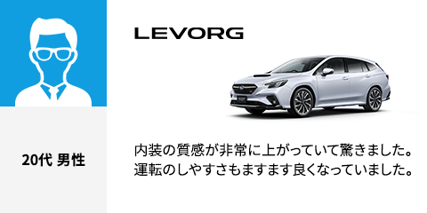 LEVORG 20代 男性 内装の質感が非常に上がっていて驚きました。運転のしやすさもますます良くなっていました。