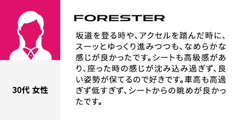 FORESTER 30代 女性 坂道を登る時や、アクセルを踏んだ時に、スーッとゆっくり進みつつも、なめらかな感じが良かったです。シートも高級感があり、座った時の感じが沈み込み過ぎず、良い姿勢が保てるので好きです。車高も高過ぎず低すぎず、シートからの眺めが良かったです。