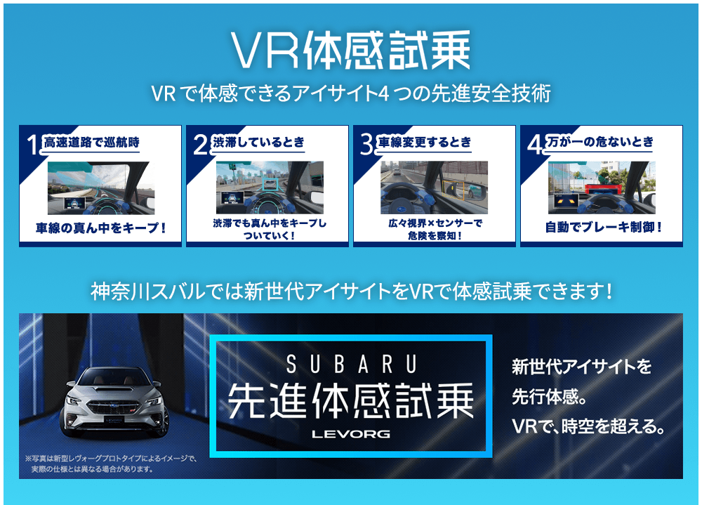 VR体感試乗 VR で体感できるアイサイト4 つの先進安全技術 1高速道路で巡航時 車線の真ん中をキープ！/2渋滞しているとき 渋滞でも真ん中をキープしついていく！/3車線変更するとき 広々視界×センサーで危険を察知！/4万が一の危ないとき 自動でブレーキ制御！ 神奈川スバルでは新世代アイサイトをVRで体感試乗できます！※写真は新型レヴォーグプロトタイプによるイメージで、実際のしようとは異なる場合があります。SUBARU先進体感試乗LEVORG 新世代アイサイトを先行体感。VRで、時空を超える。