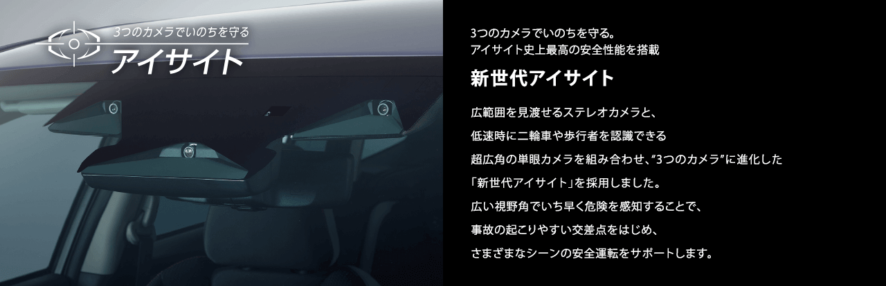 3つのカメラでいのちを守る。アイサイト史上最高の安全性能を搭載 新世代アイサイト 広範囲を見渡せるステレオカメラと、低速時に二輪車や歩行者を認識できる超広角の単眼カメラを組み合わせ、“3つのカメラ”に進化した「新世代アイサイト」を採用しました。広い視野角でいち早く危険を感知することで、事故の起こりやすい交差点をはじめ、さまざまなシーンの安全運転をサポートします。