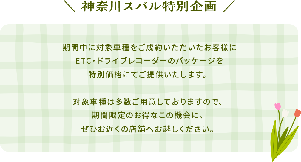 神奈川スバル特別企画 期間中に対象車種をご成約いただいたお客様にETC・ドライブレコーダーのパッケージを特別価格にてご提供いたします。対象車種は多数ご用意しておりますので、期間限定のお得なこの機会に、ぜひお近くの店舗へお越しください。
