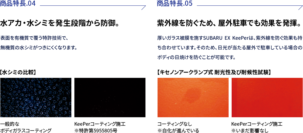 商品特徴04:水アカ・水シミを発生段階から防御。表面を有機質で覆う特許技術で、無機質の水シミがつきにくくなります。商品特徴05:紫外線を防ぐため、屋外駐車でも効果を発揮。厚いガラス被膜を施すSUBARU EX KeePerは、紫外線を防ぐ効果も持ち合わせています。そのため、日光が当たる屋外で駐車している場合のボディの日焼けを防ぐことが可能です。