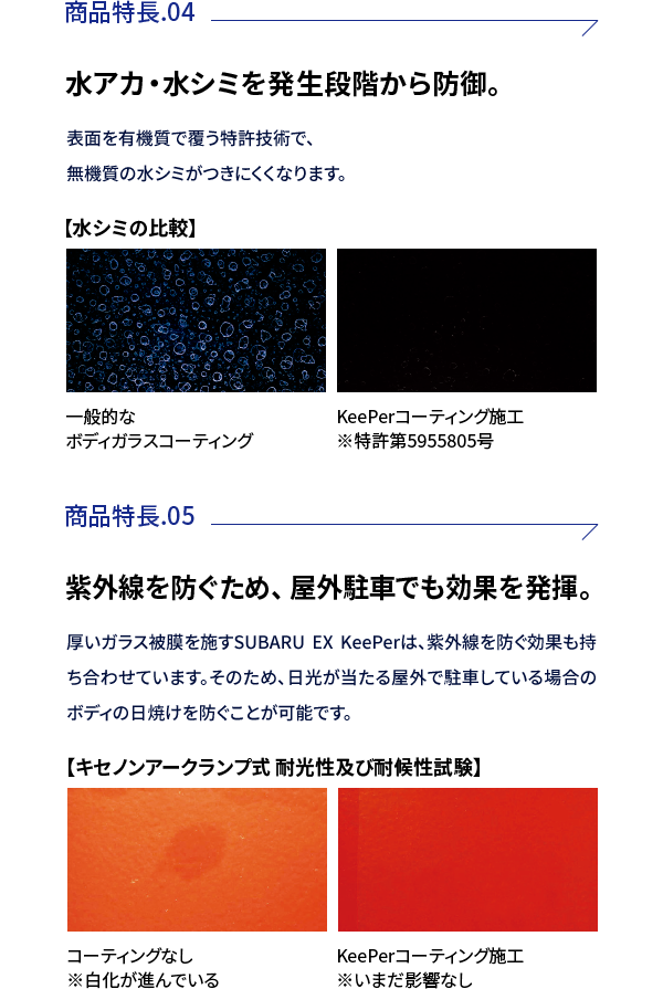 商品特徴04:水アカ・水シミを発生段階から防御。表面を有機質で覆う特許技術で、無機質の水シミがつきにくくなります。商品特徴05:紫外線を防ぐため、屋外駐車でも効果を発揮。厚いガラス被膜を施すSUBARU EX KeePerは、紫外線を防ぐ効果も持ち合わせています。そのため、日光が当たる屋外で駐車している場合のボディの日焼けを防ぐことが可能です。