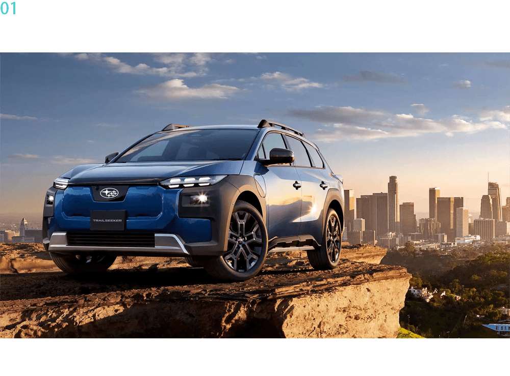 01　都市でも大自然のなかでも存在感を放つデザイン。BEVとしての先進性と、幅広いシーンで使える機能性を表現したエクステリア。豊かなひとときを演出する、上質で開放的なインテリア。日常にも非日常にも映える、機能美に満ちたデザインです。