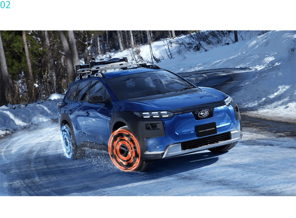 02　BEV×AWDが叶えた、思いのままに操れる余裕のある走り。SUBARUが長年培ってきた知見と技術を注ぎ込んだAWDシステムを搭載。モーターの特性を活かした素早く緻密な制御によって、安定した駆動力とともに狙い通りにコントロールできる走りを追求しました。
