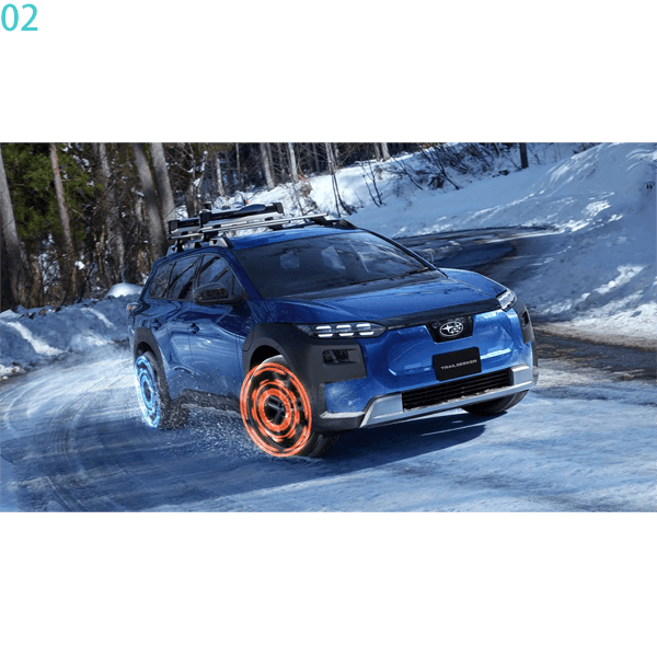 02　BEV×AWDが叶えた、思いのままに操れる余裕のある走り。SUBARUが長年培ってきた知見と技術を注ぎ込んだAWDシステムを搭載。モーターの特性を活かした素早く緻密な制御によって、安定した駆動力とともに狙い通りにコントロールできる走りを追求しました。