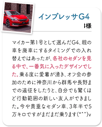 インプレッサG4 マイカー第1号として選んだG4、親の車を廃車にするタイミングでの入れ替えではあったが、各社のセダンを見る中で、一番気に入ったデザインでした。乗る度に愛着が湧き、オフ会の参加のために神奈川から群馬や長野までの遠征をしたりと、自分でも驚くほど行動範囲の新しい友人ができました。今や貴重なセダン車、3年半で5万キロですがまだまだ乗ります(*^^)v