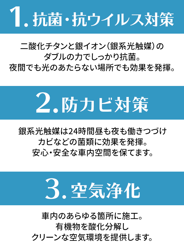 1.抗菌・抗ウイルス対策二酸化チタンと銀イオン（銀系光触媒）のダブルの力でしっかり抗菌。夜間でも光のあたらない場所でも効果を発揮。2.防カビ対策 銀系光触媒は24時間昼も夜も働きつづけカビなどの菌類に効果を発揮。安心・安全な車内空間を保てます。3.空気浄化 車内のあらゆる箇所に施工。有機物を酸化分解しクリーンな空気環境を提供します。