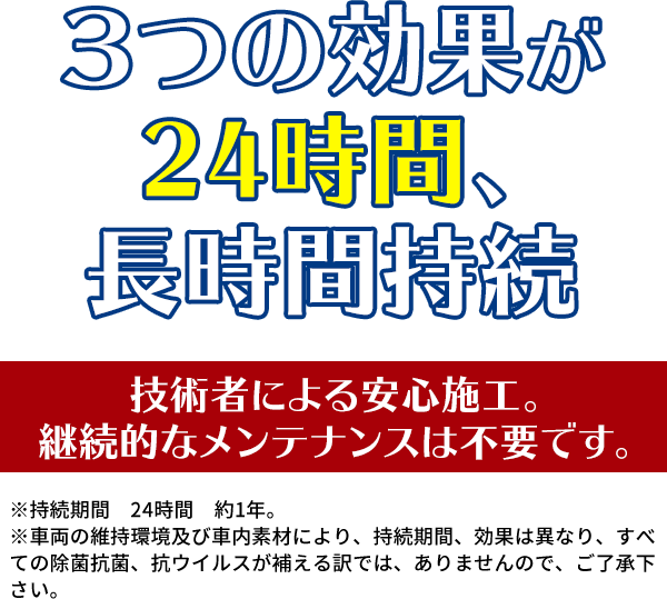 3つの効果が24時間、長時間持続 技術者による安心施工。継続的なメンテナンスは不要です。 ※持続期間　24時間　約1年。※車両の維持環境及び車内素材により、持続期間、効果は異なり、すべての除菌抗菌、　抗ウイルスが補える訳では、ありませんので、ご了承下さい。