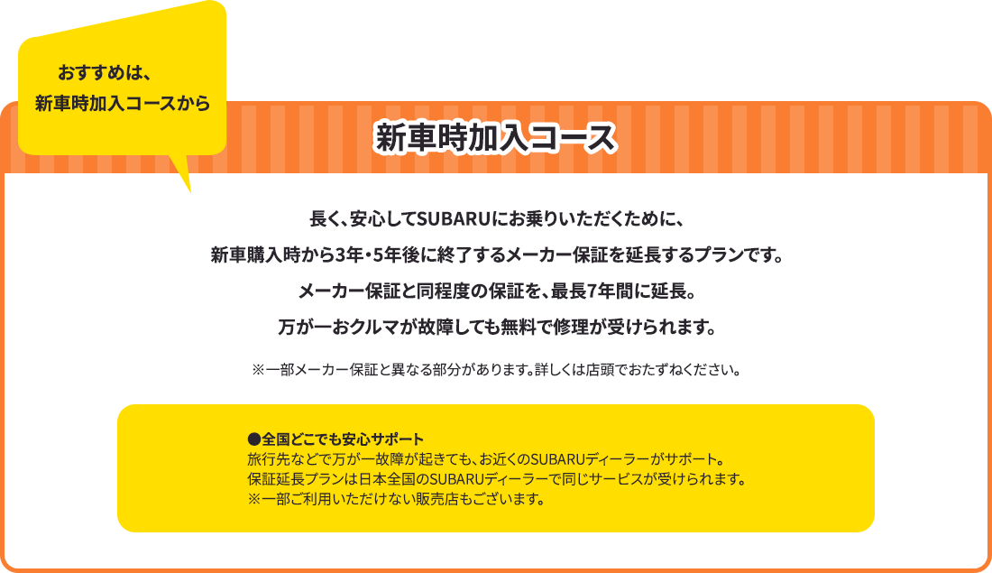 新車時加入コース 長く、安心してSUBARUにお乗りいただくために、新車購入時から3年・5年後に終了するメーカー保証を延長するプランです。メーカー保証と同程度の保証を、最長7年間に延長。万が一おクルマが故障しても無料で修理が受けられます。