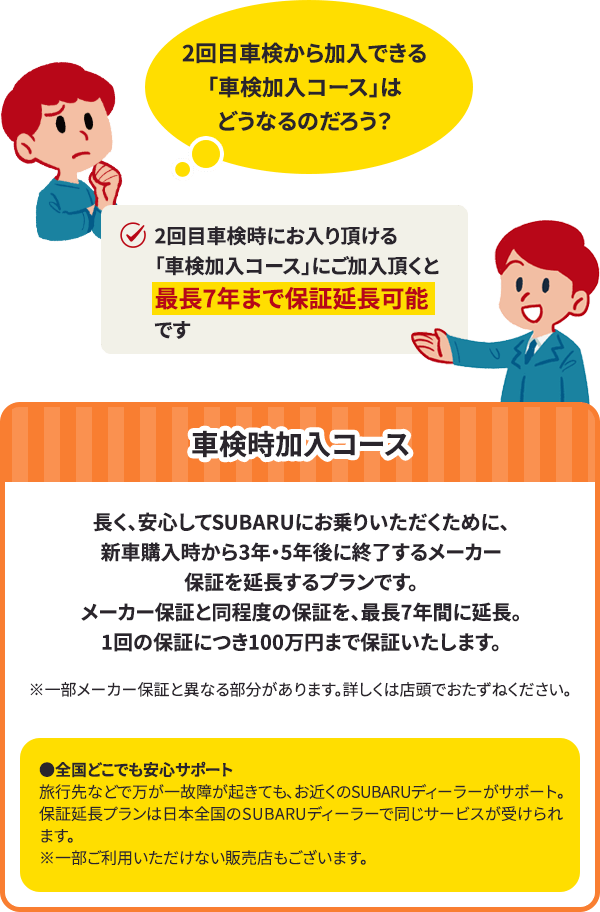 車検時加入コース 長く、安心してSUBARUにお乗りいただくために、新車購入時から3年・5年後に終了するメーカー保証を延長するプランです。メーカー保証と同程度の保証を、最長7年間に延長。1回の保証につき100万円まで保証いたします。