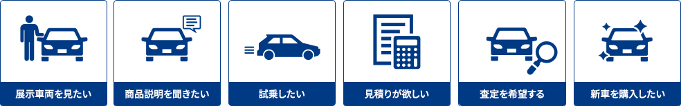 展示車両を見たい 商品説明を聞きたい 試乗したい 見積りが欲しい 査定を希望する 新車を購入したい