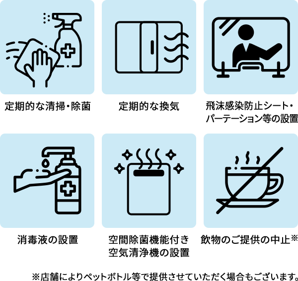 定期的な清掃・除菌 定期的な換気 飛沫感染防止シートパーテーション等の設置 消毒液の設置 空間除菌機能付き 空気清浄機の設置 飲物のご提供の中止 ※店舗によりペットボトル等で提供させていただく場合もございます。